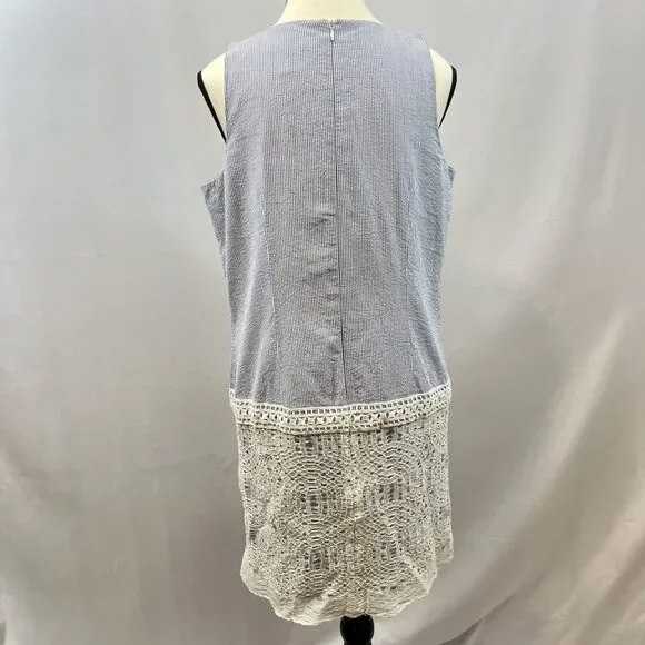 London Times sleeveless seersucker embroidered lace blue dress 10P - Picture 5 of 7